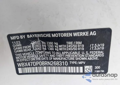 2024 BMW X3 Sdrive30I z USA, uszkodzony, nr VIN WBX47DP08RN268310